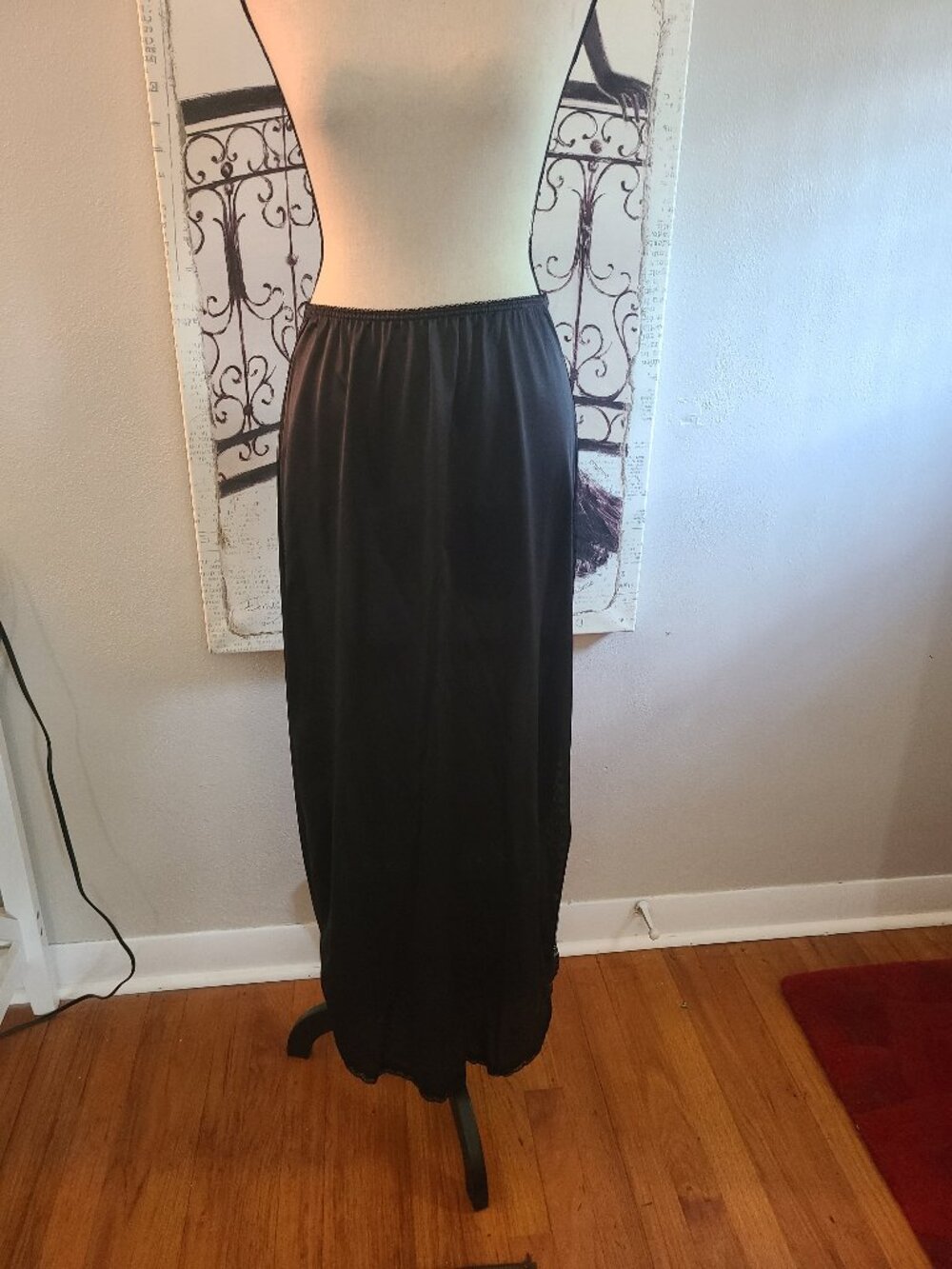 VTG Black Nylon Maxi Half Slip Skirt Sheer Lace Sides 2 Side Slits Long